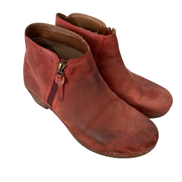 Dansko Red Leather Ankle Booties Max Block Heel Zip - Picture 1 of 11